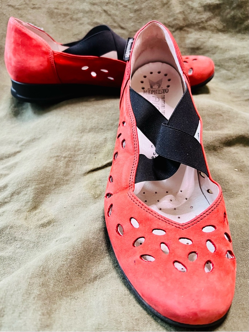 Mephisto Coral Red Suede Slip-On Flats with Elastic Cross Bands